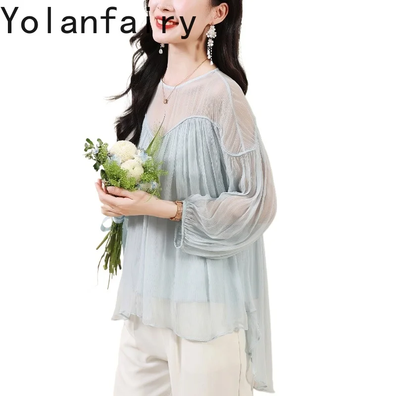 

YOLANFAIRY 100% Real Mulberry Silk Shirts Woman High Quality Summer Women's Loose Elegant Shirt Fashion Laides Tops and Blouses