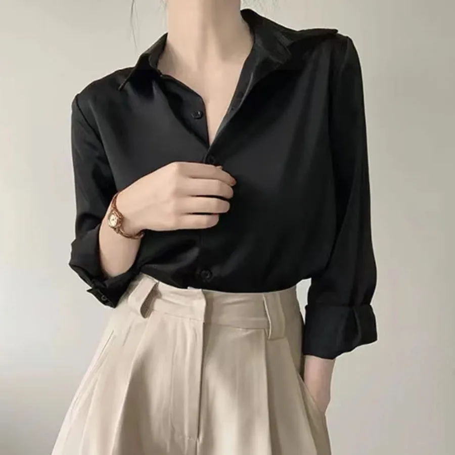 Simple Women\'s Satin Shirts Thin Spring New Solid Color Long Sleeve Advanced Sense Top Office Elegant Ladies Work Wear Fashion