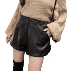 Sexy preto sólido feminino dividir shorts de couro senhoras cintura elástica fino falso pu calças curtas com bolso meninas estilo coreano shorts