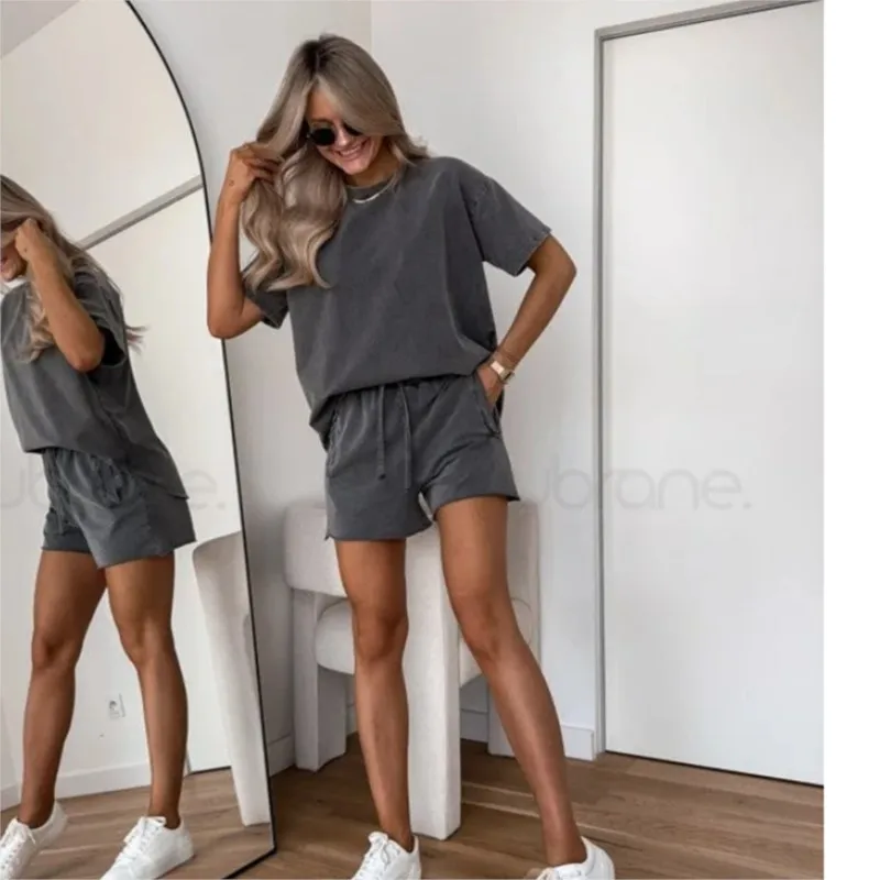 

Simple Style Women Sport 2 Piece Sets 2025 Women Fashion Solid Loose O-neck Short Sleeved Pullover Lace Up Pants Shorts Set