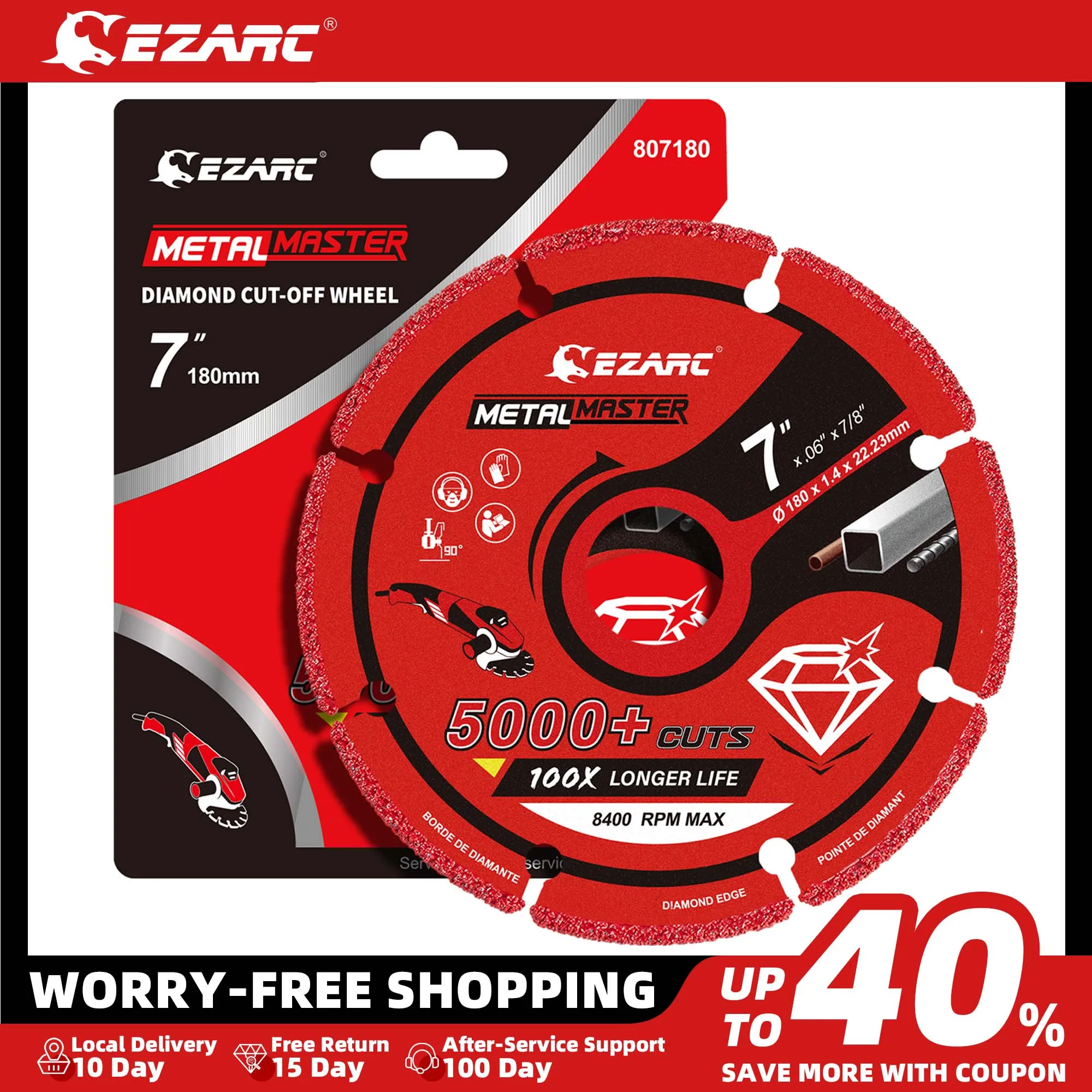 

EZARC Diamond Saw Blade 180mm x1.4mmx 22.23mm Cut Off Wheel, Diamond Cut Disc with 5000+ Cuts on Steel, Rebar, Iron