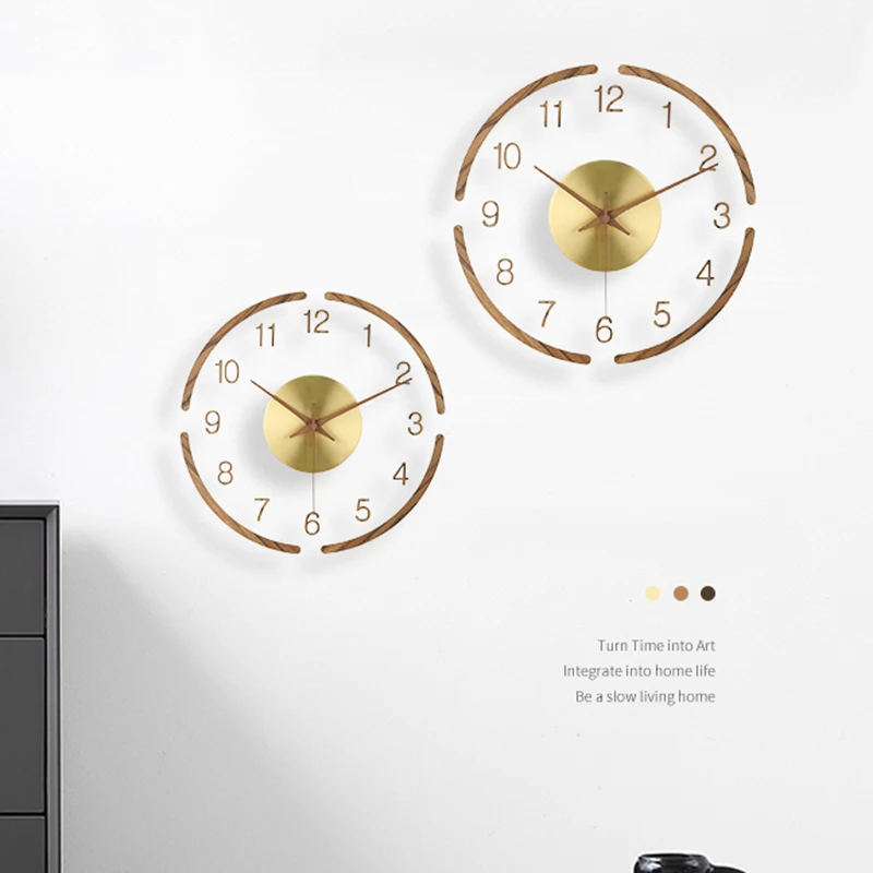 

Simple wall clock creative wall clock living room Nordic silent fashion brass solid wood acrylic transparent clock watch