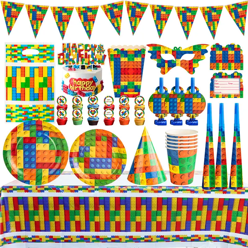 Building Blocks Birthday Party Decoration Tableware Cup Plate Tablecloth Balloons Banner Backdrop Papa Circle Kid Party Supplies