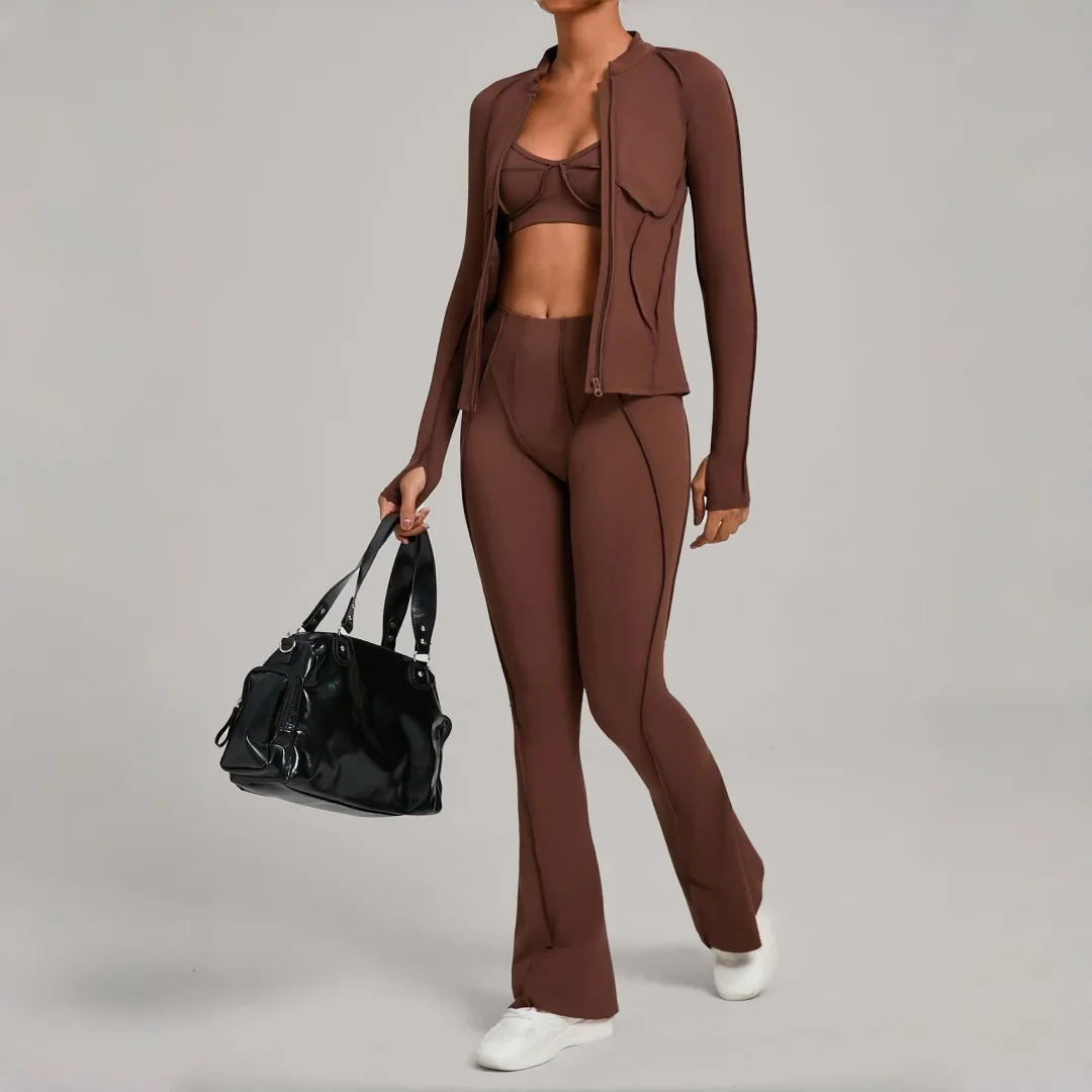 3PCS Brushed Zipper Jacket Yoga Set High Waist Tight Sports Coat Pants Yoga Fitness Suit Running Workout Clothes Gym Yoga Suit