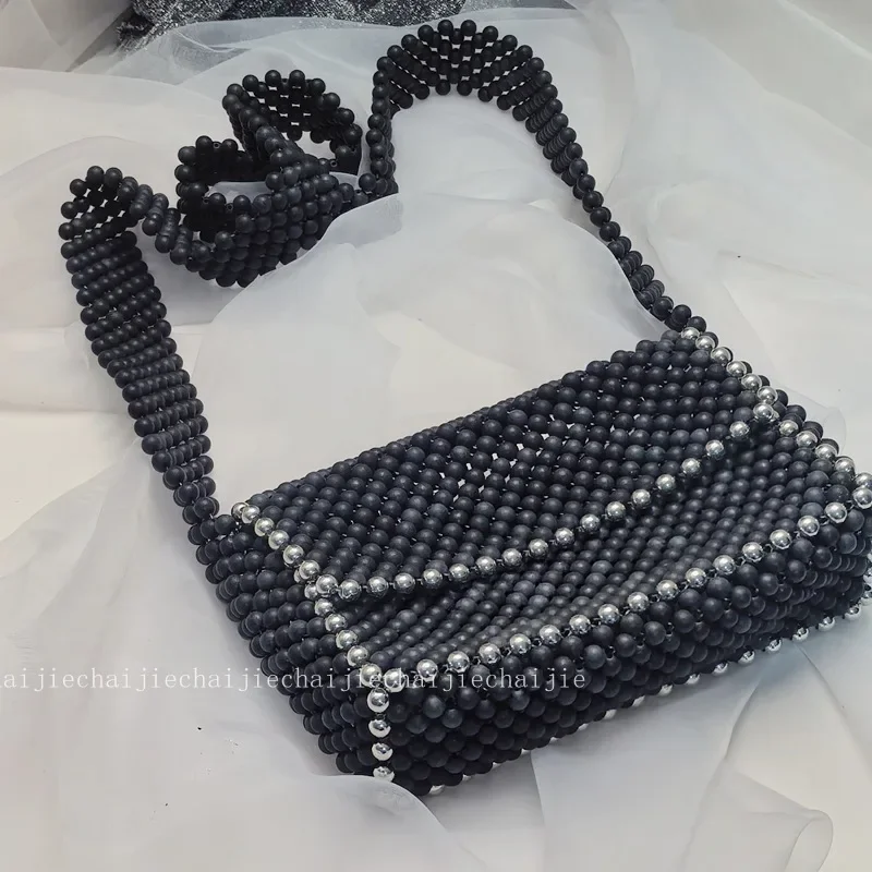 New Handmade Black Matte Silver Edge Flap Casual Fashion Custom Bead Ladies Bag Crossbody Large Capacity Women's Shoulder Bags