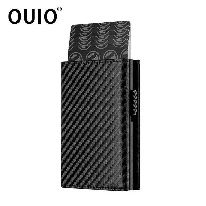 OUIO Herren-Geldbörse aus Kohlefaser und Aluminium, RFID-blockierend, automatischer Pop-Up-Kartenhalter, Münzfächer, Business-Geldbörse