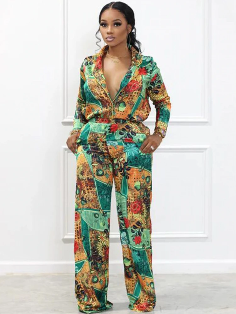 2 Pieces Women\'s Sets 2022 Summer Autumn Flower Print Blouse Shirt Suit Tops And Pants Suits Two Piece Set Tracksuit Outfit