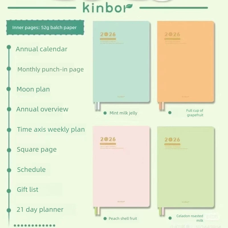 Kinbor 2026 24H Timeline Notebook A5 portátil mensual organizador diario niñas mujeres elegante diario estudiante hábitat rastreador papelería