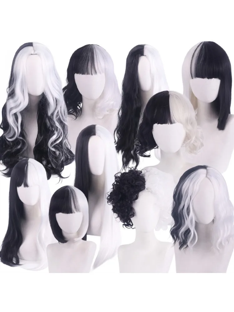 Perruques De Cosplay pour fête d'halloween CRUELLA Deville De Vil, noir et blanc avec frange, cheveux courts Bob pour femmes, perruque synthétique résistante à la chaleur