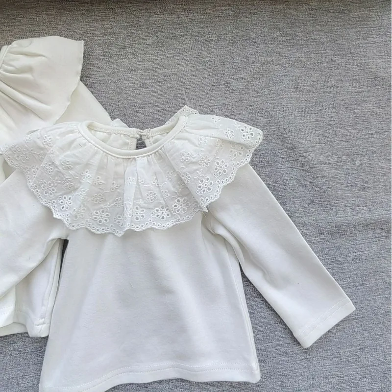 Boutique Korean Spring and Autumn Baby Girls 100% Cotton Long Sleeve T-shirts Cute Lace Lapel White Base Shirt Toddler Tees 0-3y