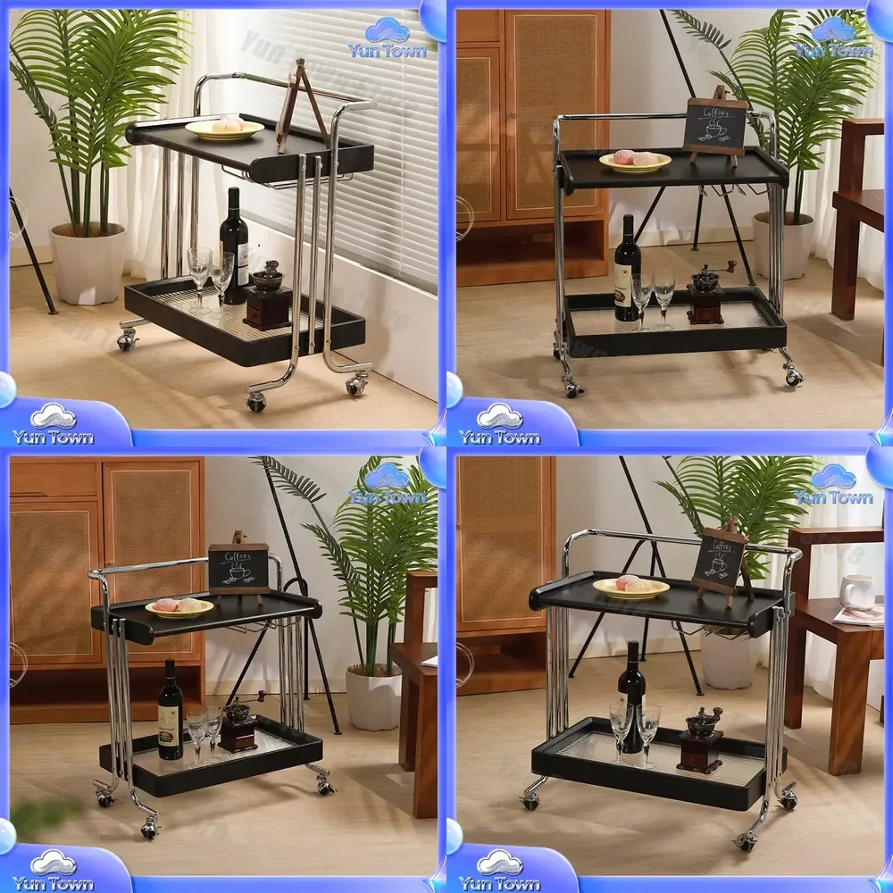 Medieval Style Movable Trolley Side Table for Living Room Bedroom Dining Area Few Shelves Solid Wood Retro Storage Snack Cart