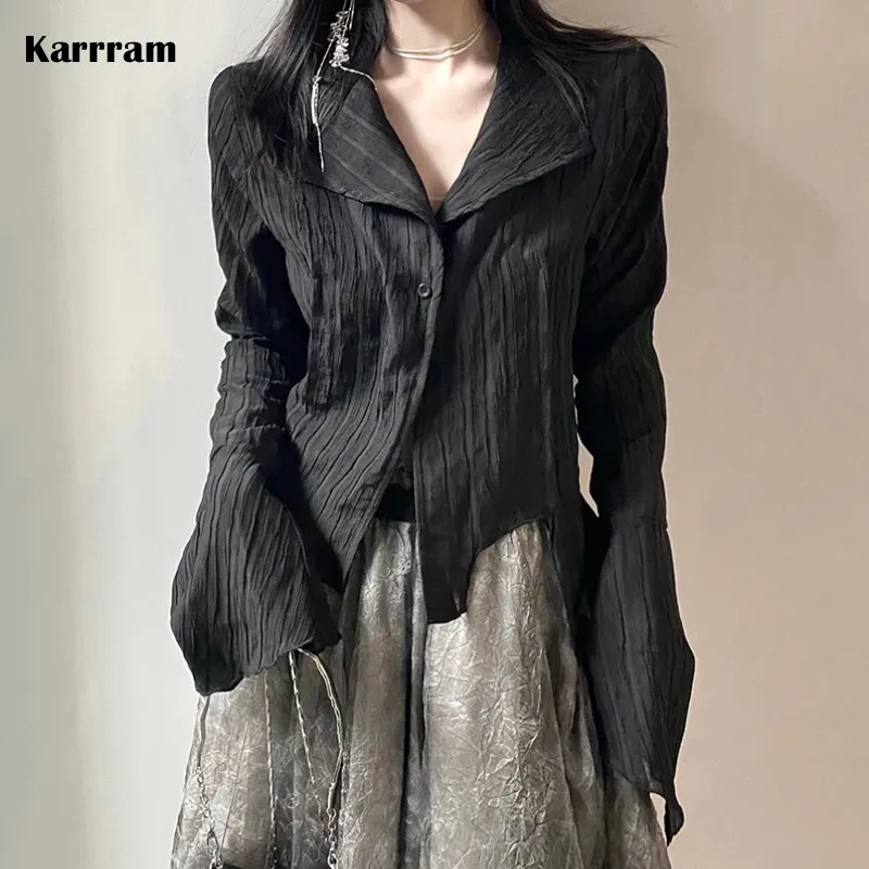 Karrram gótico preto camisa yamamoto estilo escuro estética blusa feminina irregular roupas de grife emo alt roupas grunge topos y2k