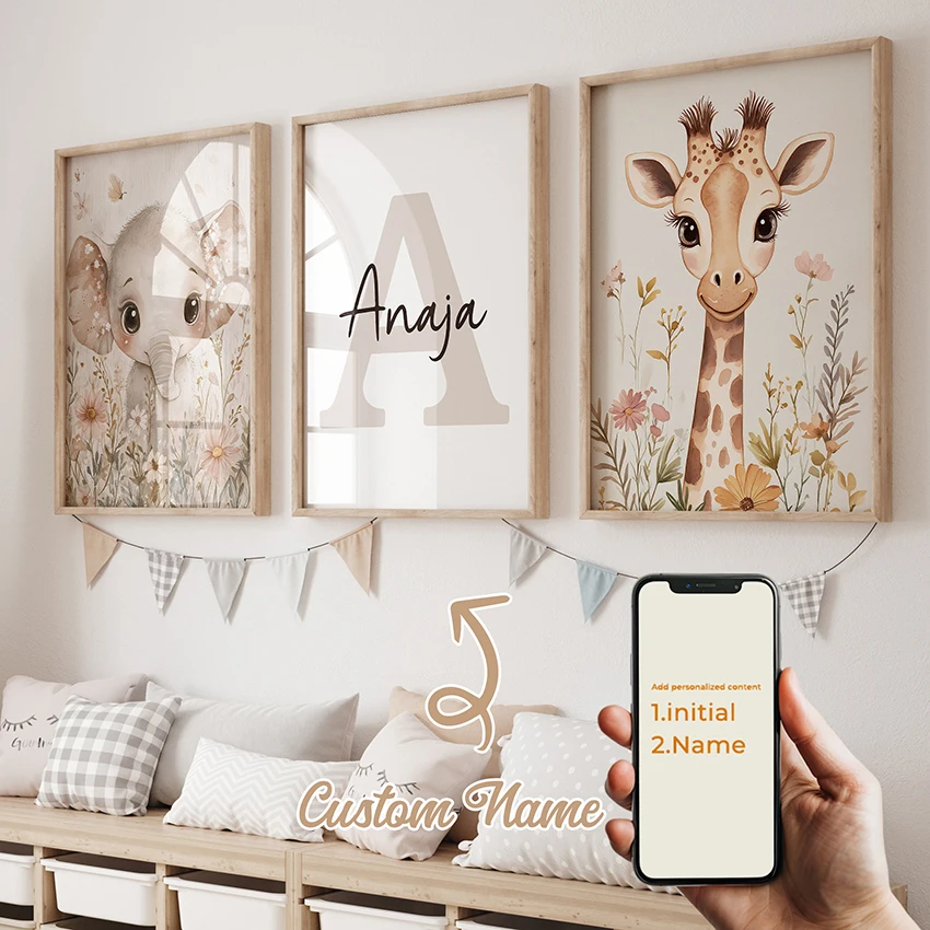 

3pcs Custom Kids Personalized Baby Elephant Giraffe Space Gift Wall Art Print Picture Living Room Kids Room Home Decor