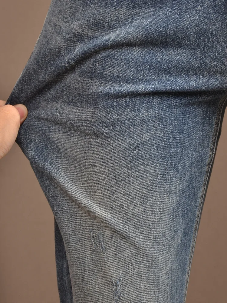 Retro Worn Jeans Men's Fashion Embroidered Printed Stretch Slim Straight High-End Fashion All-Matching Skinny Trousers