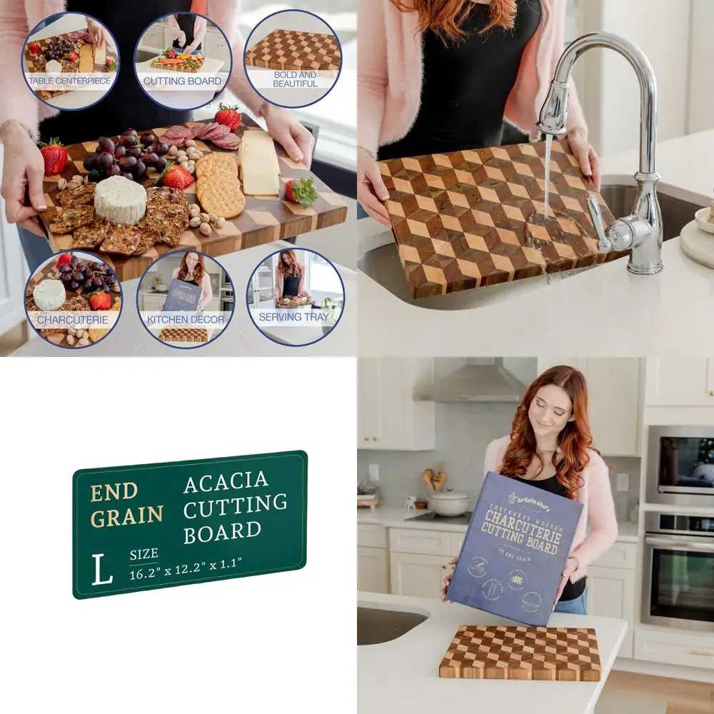 

Reversible Acacia Wood End Grain Butcher Block - Large Multipurpose Serving Tray with Handles for Prep and Presentation