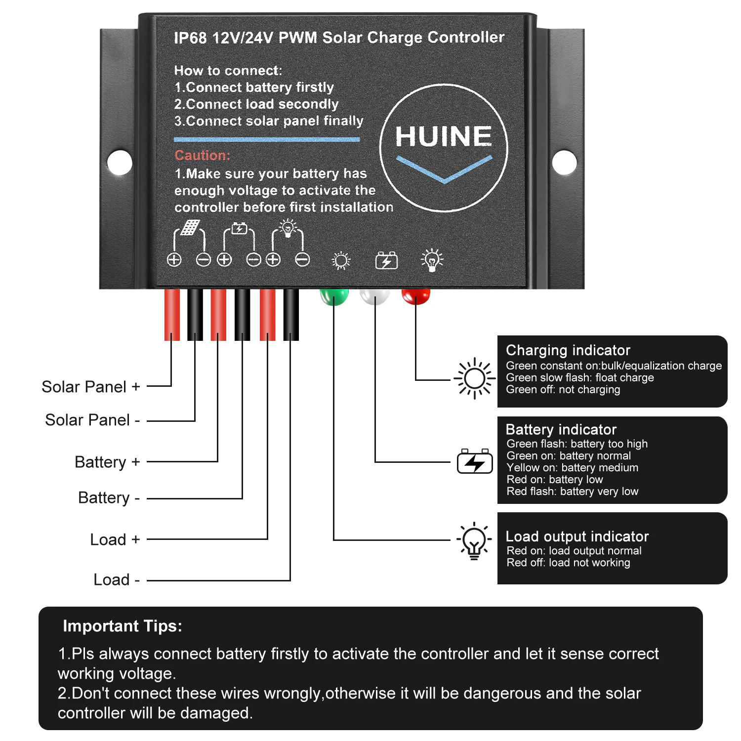 10A 20A 12V 24V Waterproof PWM Mini Solar Charge Controller Regulator IP68 with Cable