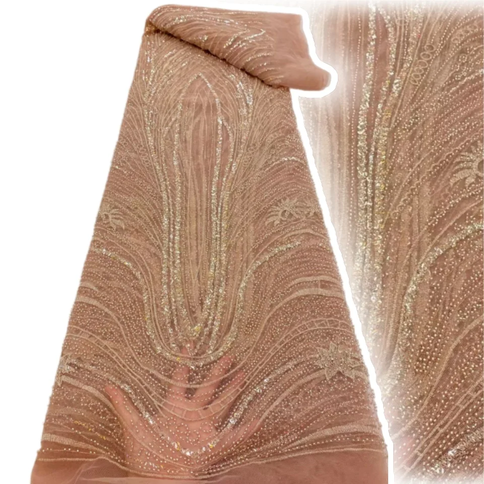 

Африканское кружево 2026: Французская ткань ручной работы с бисером и пайетками, нигерийская вышивка, свадебное сетчатое кружево для шитья 2378