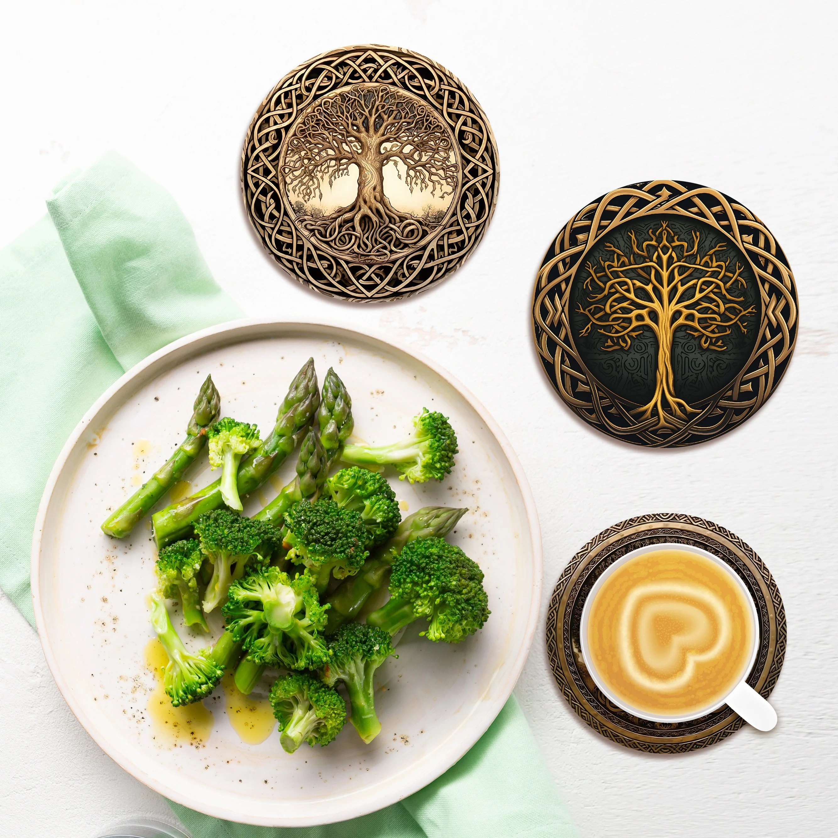 2D.8pcs Tree of Life Series Wooden Coasters,Suitable for Drinks, Tea and Coffee Cups,for Home and Restaurant Decoration