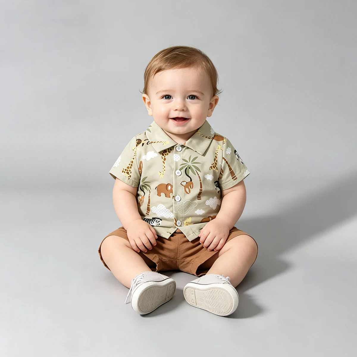 Summer Cartoon Printed Baby Boy Short Sleeve Lapel Shirt And Khaki Shorts Set Casual Fashion Outfit for Infants