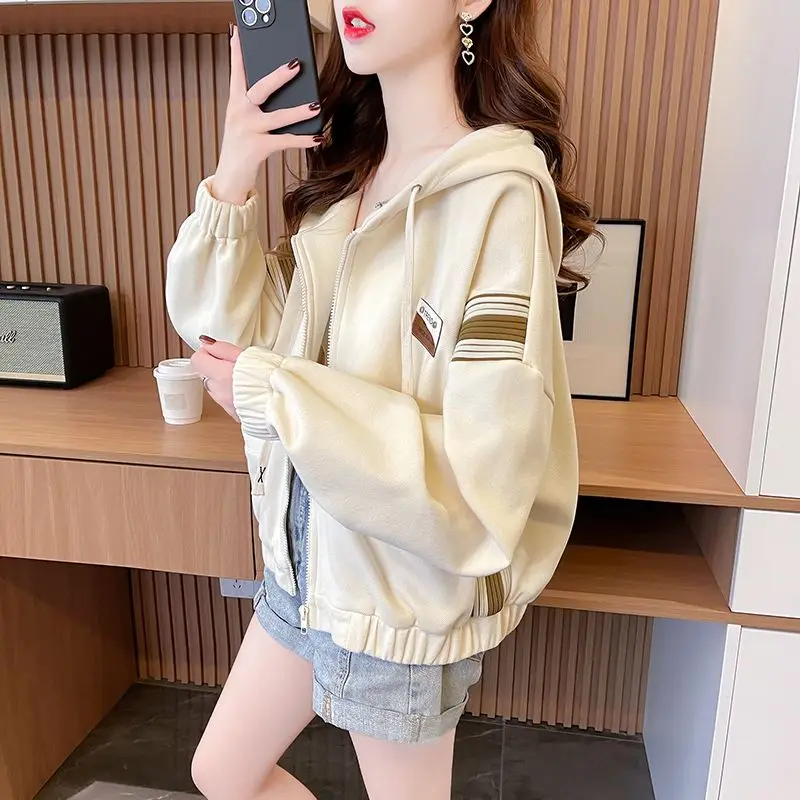 Novo Jaqueta curta com capuz feminino com zíper cardigan versátil topo na moda