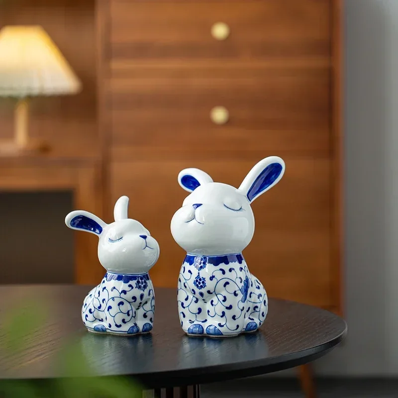 

Modern cute blue and white rabbit ceramic ornament lucky TV cabinet desktop living room home accessories gifts for friends