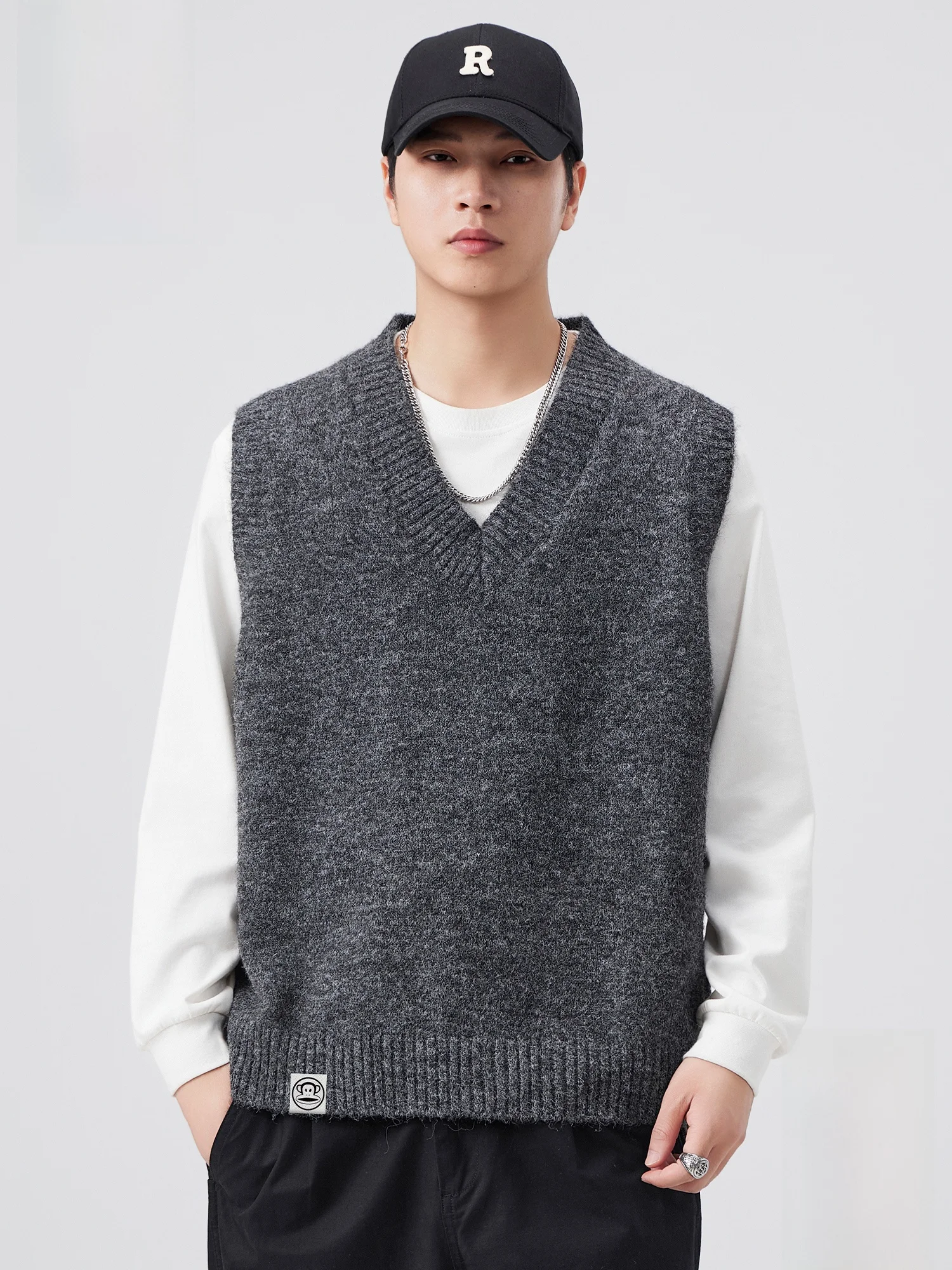 

Мужской вязаный жилет Paul Frank из смесовой шерсти на осень-зиму, однотонный, повседневный, в университетском стиле, с V-образным вырезом