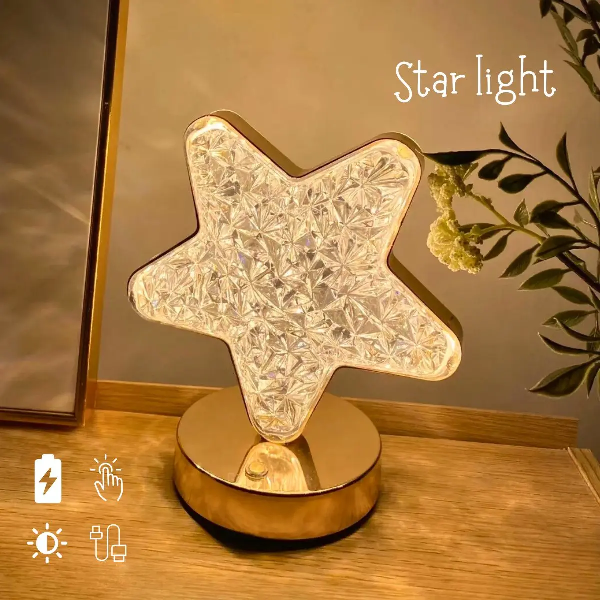 Lamp Nightstand USB Rechargeable LED Touch Star Light Crystal Bedroom Night Bedside Lamp Girls Room Decoration Cute Kids Lamps