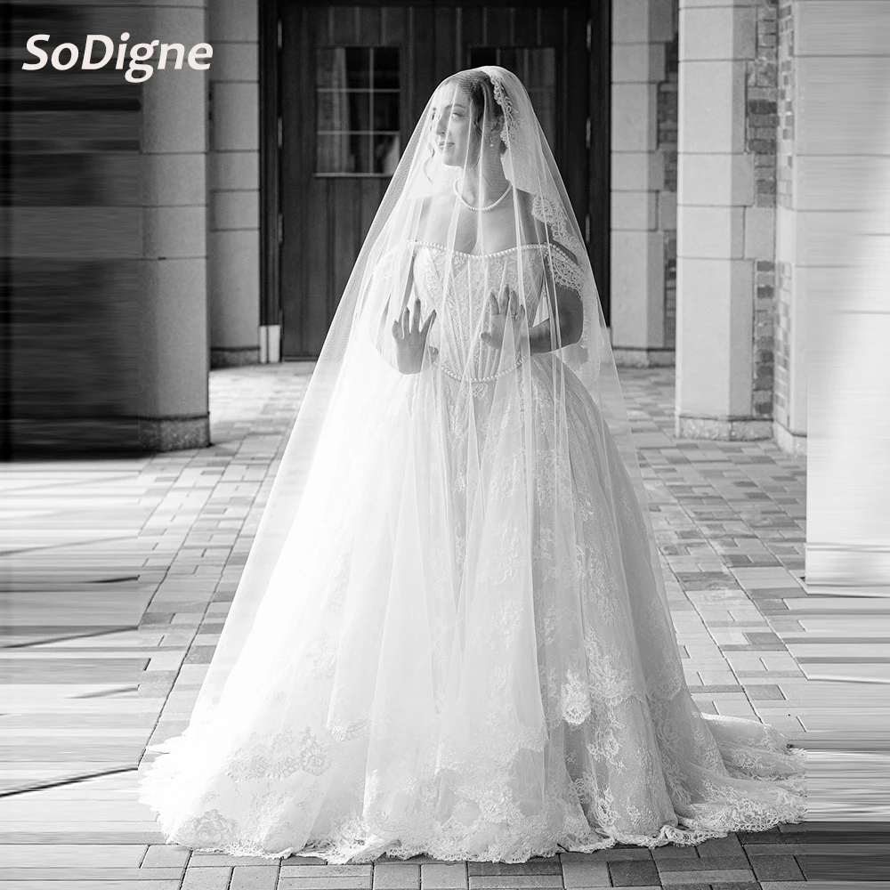 

SoDigne A-line Lace Wedding Dresses Off Shoulder Sleeveless Pearl Long Bridal Dress Boho Bride Gown vestidos de novia Customized