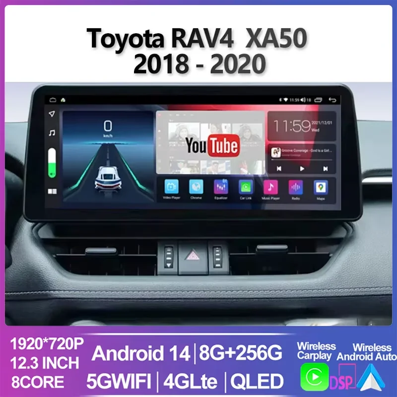 Lecteur vidéo de limitation d'écran automatique pour Toyota, navigation GPS, radio Carplay, Android 14, 12.3 pouces, 2018, 2019, 2020, RAV4, XA50