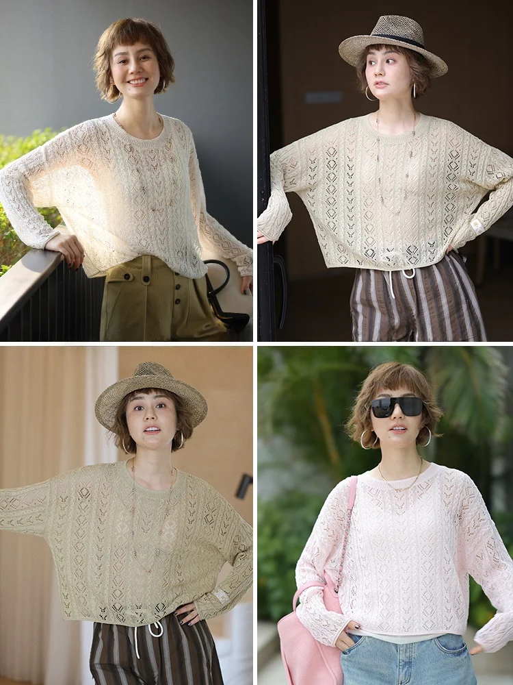 

WinnieTang Silk Paper Yarn Knitted Long Sve Hollow out Crochet Loose Women's Casual Sle Breathable Soft Comfortable Top