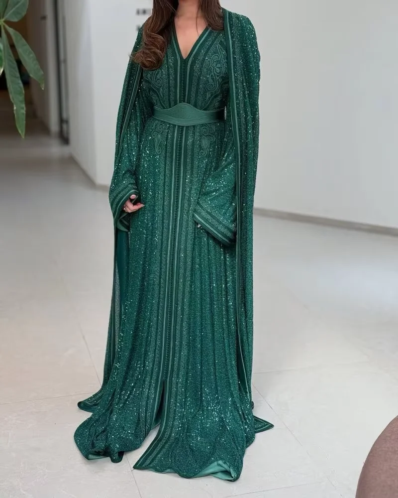 Green Moroccan Kaftan Muslim Evening Dresses A-line Long Sleeves Sparkly Dubai Arabic Abaya Islamic Gown Customized