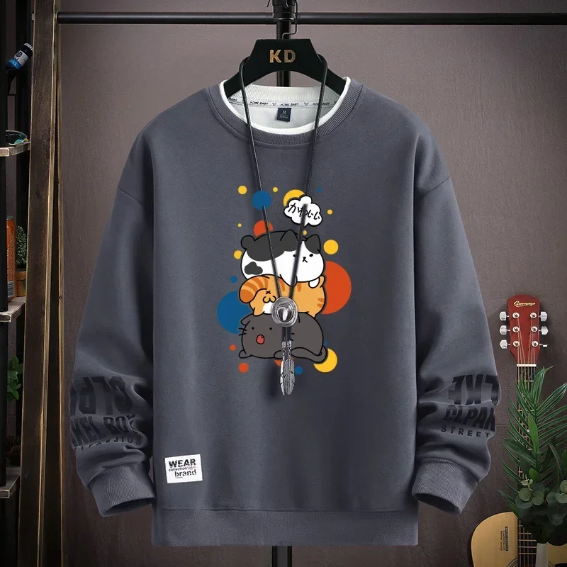 JP Cartoon Men's Sweatshirt Hoodies Cute Cats Printed Long Sleeve T-shirt Fashion Men's Clothing Khaki O Neck Harajuku Top