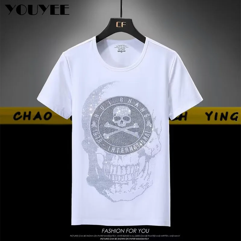 Men's T-shirt Handsome Skull Rhinestone Street Style Pok Homme Loose Tees Pure Cotton High Quality Black White Man Tops Clothes