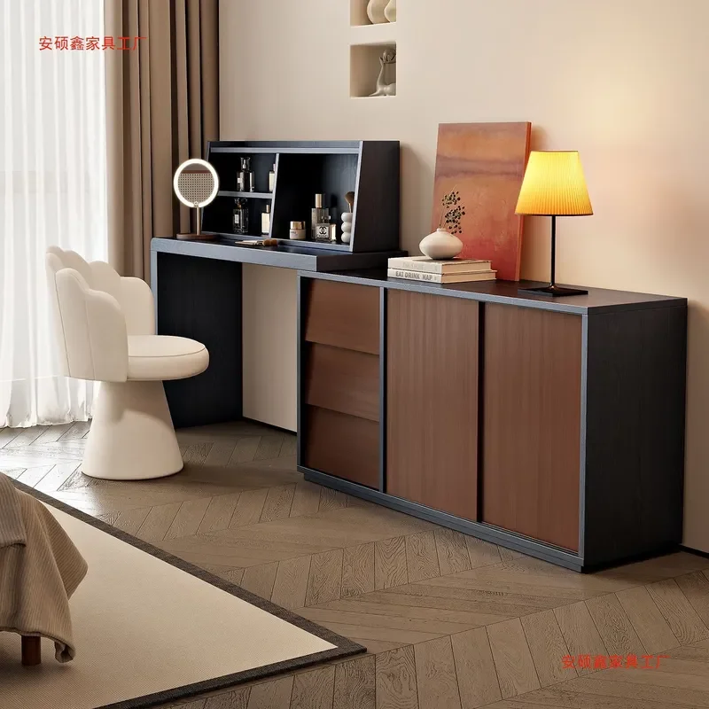 Retro Solid Wood Dresser with Clamshell Mirror Makeup Table Bedroom Storage Cabinet Chest Shelf Maternal Infant Grade