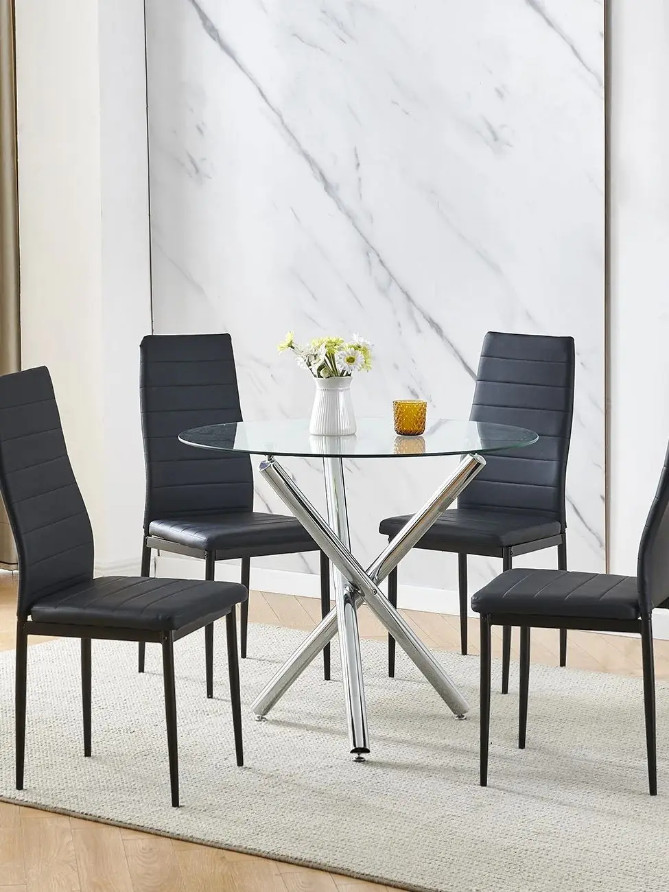 BonChoice 5Pcs Round Glass Dining Table Set, Clear Dining Table with 4Pcs Dining Chairs for Dining Room Kitchen