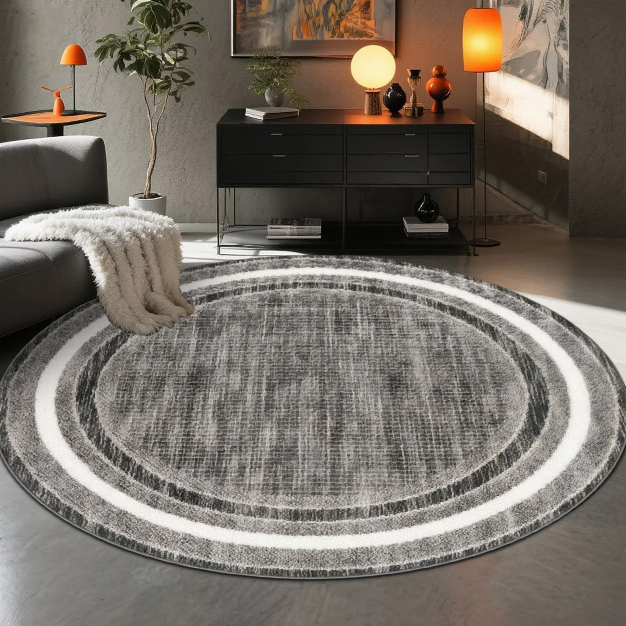 Modern Grey Carpet Striped Ring Round Area Rugs Festive Home Decor Minimalist Brushed Floor Mat Living Room Sofa Side Office