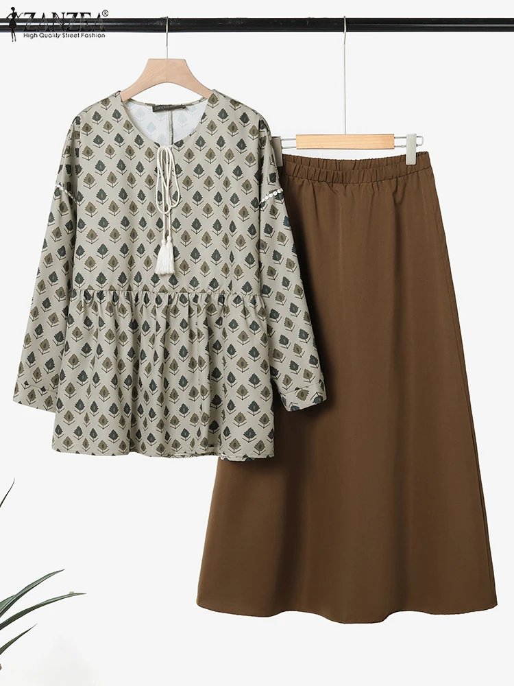

Casual Loose Long Dress Sets Women Tassel Blouse Skirts Fashion Long Sleeve Suits Autumn Printed Matching Sets ZANZEA 2025