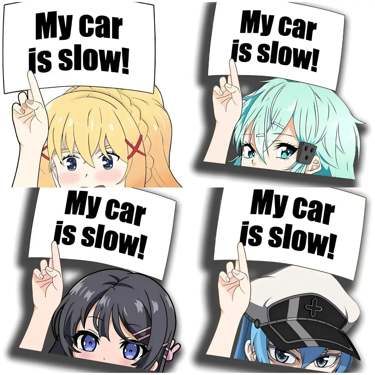 Anime Peeker Holding A Sign My Car is Slow Funny Car Stickers Suitable for Car Window Trunk Lid Vinyl Waterproof Decals