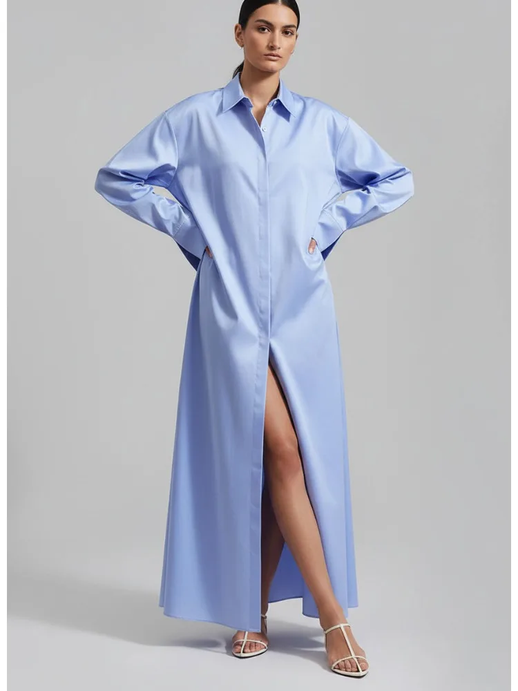

Missuoo Women's Light Blue Oversized Side Slit Shirt Maxi Dress 2026 Summer Minimalist Casual Vacation Dresses Party Wear Dress