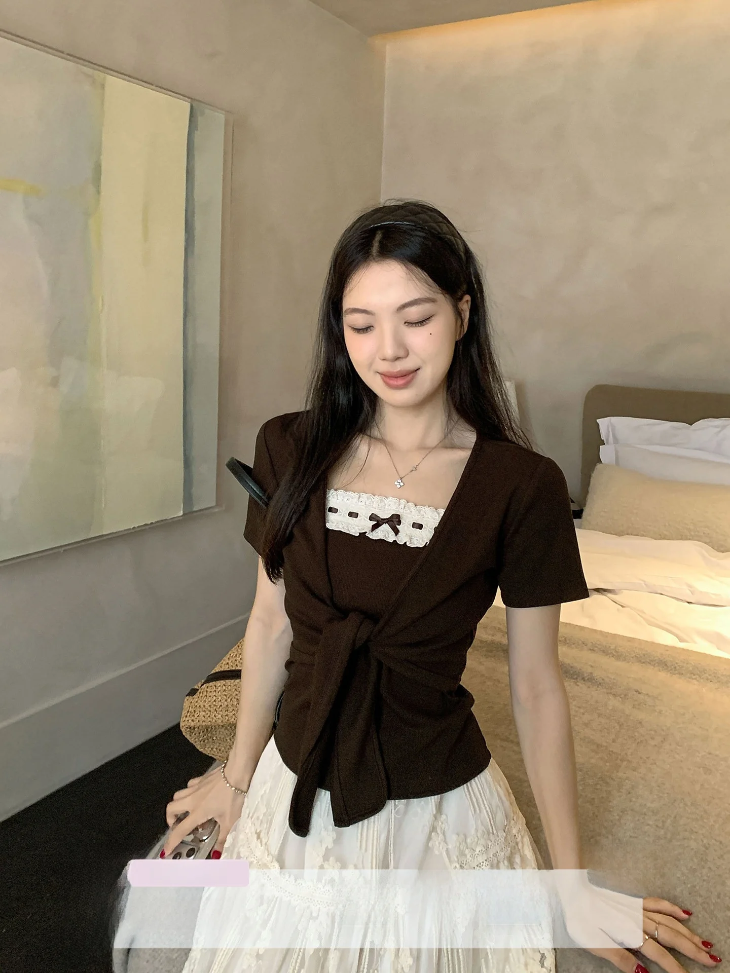 

Korean Style Knot Strap Vest Set Women Summer New Design Unique Top Cardigan Two Piece Set Breathable Cotton Blend