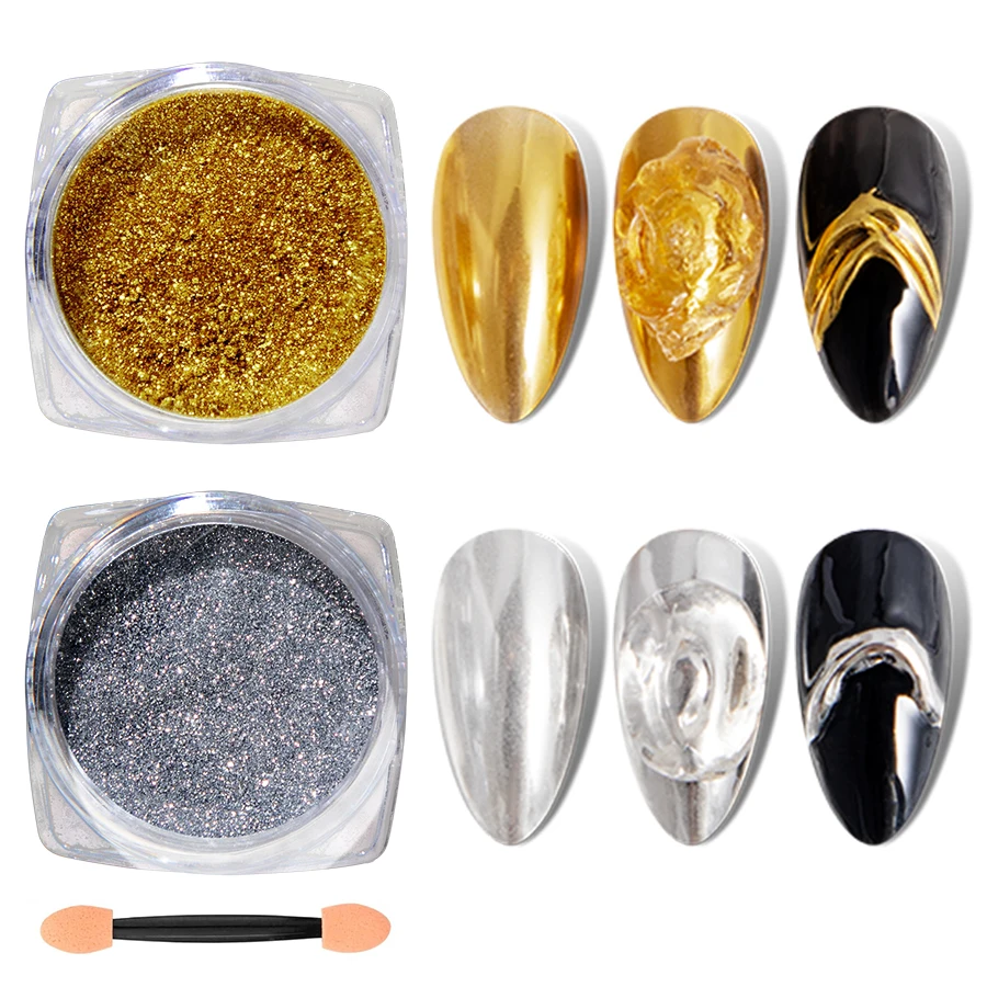 RS كروم مسحوق الأظافر المجسم مرآة سحرية معدنية ذهبية فضية فرك مسمار الفن بريق الغبار لتزيين تصميم الأظافر