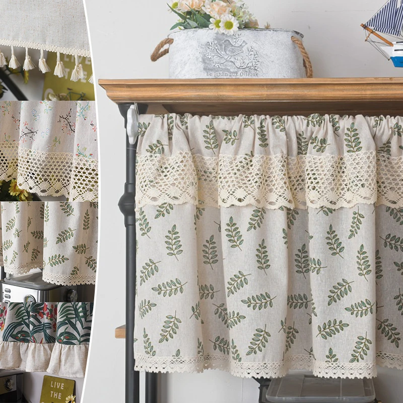 

Rustic Floral Embroidered Short Curtains for Farmhouse Kitchen Window Cafe Cabinet Door Covering Washable Cotton Linen Decor