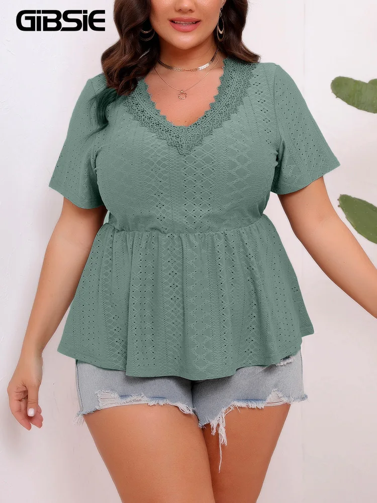 

GIBSIE Plus Size Summer New Splicing Lace V-neck Peplum Blouse Women Fashion Short-sleeved Female Casual Boho Tops and Blouses