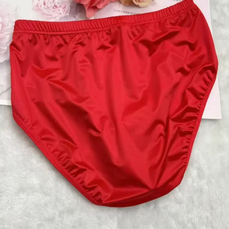 

Men Comfortable Sexy Red Satin Lace Briefs Sissy Low Waisted Silky Smooth Panties DJ Club Bar Costumes FKK Party Underpants