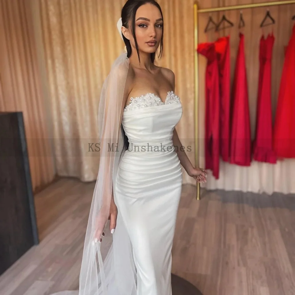 Elegant Mermaid Wedding Dresses Detachable Train Customized Ivory Wedding Gowns Pleated Pearls Lace Satin Bride Dress 2025