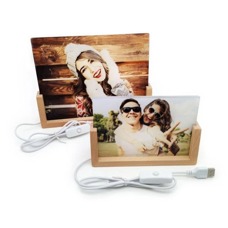 Elegant Acrylic Photo Frame with LED Lighted Wood Base Sublimation Picture Frame for Wedding Photos and Art Exhibition best sale