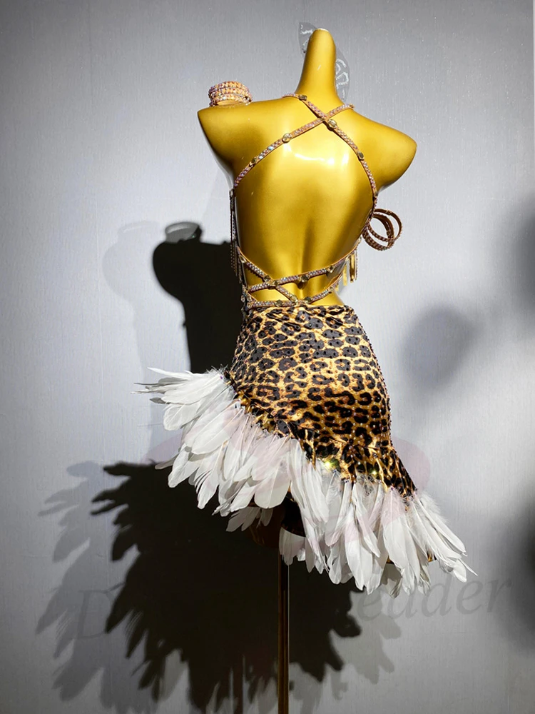 Latin Dancer Adult Children High-End Custom Leopard Print Dress Feather Skirt Tango Samba AB Stone Performance Dress