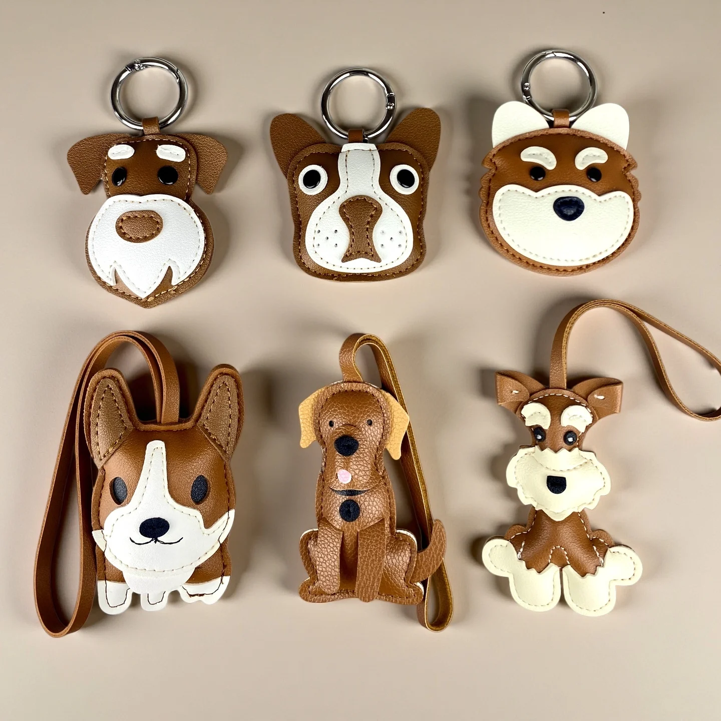 Brown PU Leather Dog Keychain Charm-Cute Puppy Pendant for Purse/Bag, Everyday Carry Accessory for Women & Men/Perfect Gift