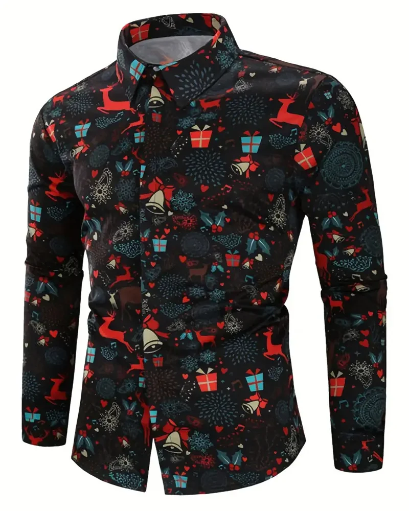 2023 Christmas Men\'s Shirt Long Sleeve Tops Christmas Themed 3D Printed Holiday Clothing Oversized XS-6XL Men\'s Christmas Shirt