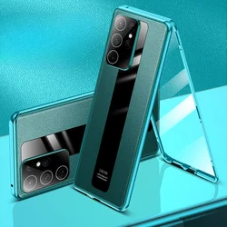 For Samsung S23 S24 Ultra S22 Plus Alloy Metal Bumper Flip Double Sided Protection Leather Shockproof Case Screen Lens Protector